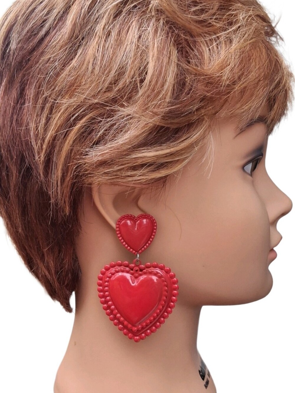 Vintage 80s Red Enamel Double Heart Dangle Earrings Beaded Edge Statement